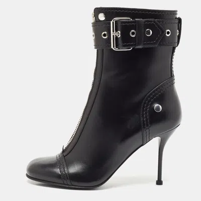 Pre-owned Alexander Mcqueen Black Leather Studded Biker Ankle Boots Size 40