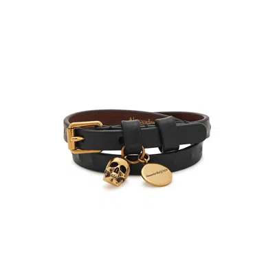 Alexander Mcqueen Black Leather Wrap Bracelet In Gold