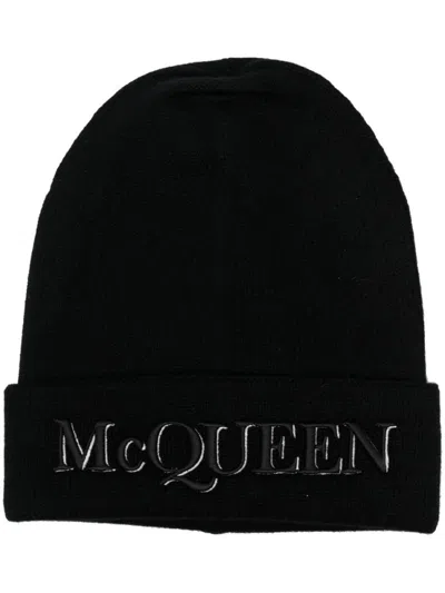 ALEXANDER MCQUEEN BLACK LOGO CASHMERE BEANIE HAT