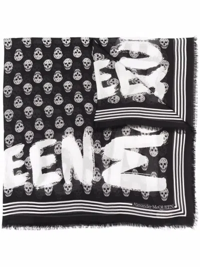 Alexander Mcqueen Skull Pattern Paint-print Scarf In Black