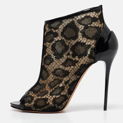 Pre-owned Alexander Mcqueen Black Mesh And Patent Leather Peep Toe Ankle Booties Size 38