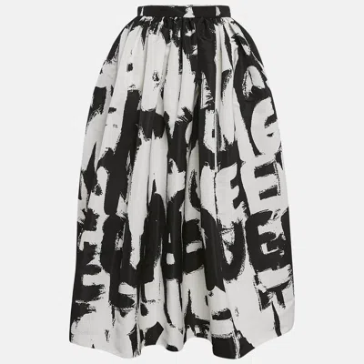 Pre-owned Alexander Mcqueen Black Monochrome Graffiti Print Faille Midi Skirt S In White