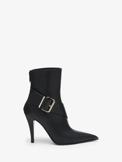 Alexander Mcqueen Calfskin Heron Buckle Heeled Boots 105 In Black