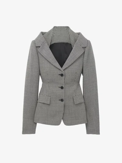 Alexander Mcqueen Mcqueen Houndstooth Off The Shoulder Wool Harness Jacket In Black