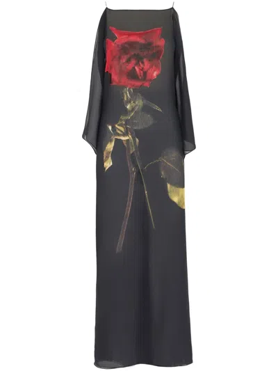 Alexander Mcqueen Black Multicolor Printed Chiffon Evening Dress For Women