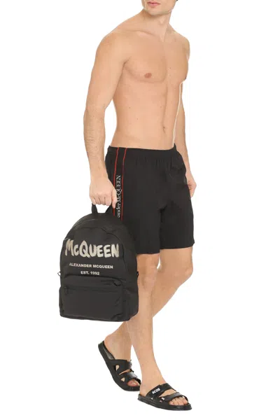 Alexander Mcqueen Black Nylon Swim Shorts With Contrasting Color Logoed Side Stripes