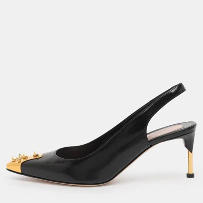 Pre-owned Alexander Mcqueen Black Patent Leather Punk Spike Slingback Pumps Size 39