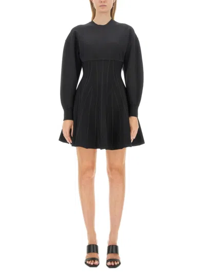 Alexander Mcqueen Black Pleated Crew Neck Mini Dress In Brown