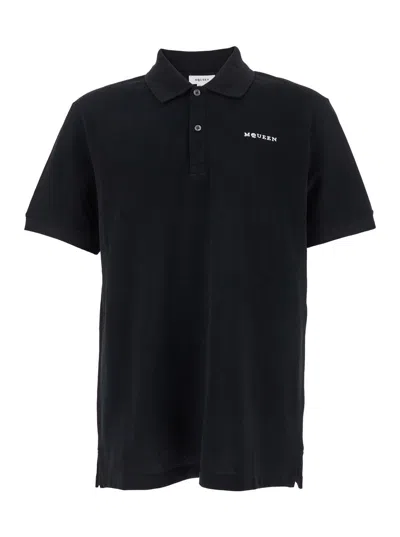 ALEXANDER MCQUEEN ALEXANDER MCQUEEN MEN BLACK POLO SHIRT WITH CLASSIC COLLAR AND LOGO LETTERING EMBROIDERY ON THE FRON