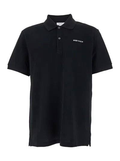 Alexander Mcqueen Black Polo Shirt With Classic Collar And Logo Lettering Embroidery On The Front In Cotton Man