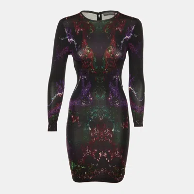 Pre-owned Alexander Mcqueen Black Printed Jersey Fitted Dress Xs In Purple