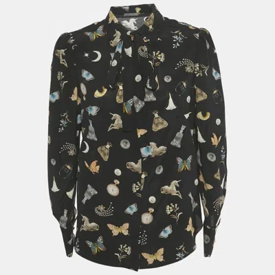 Pre-owned Alexander Mcqueen Black Printed Silk Tie Up Neck Blouse M