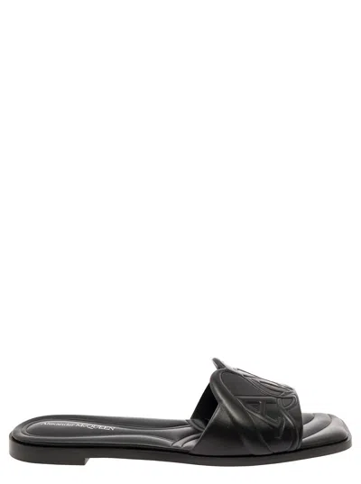 Alexander Mcqueen Black Quilted Sandals With Logo Motif In Leather Woman