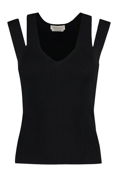 ALEXANDER MCQUEEN BLACK RIBBED KNIT TOP WITH COLD SHOULDERS FOR WOMEN