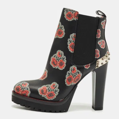 Pre-owned Alexander Mcqueen Black Rose Print Leather Studded Ankle Length Boots Size 36