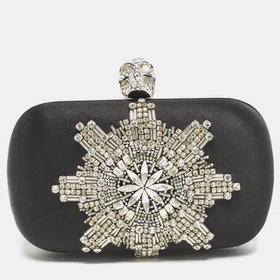 Pre-owned Alexander Mcqueen Black Satin Crystals Embellished Skull Clutch