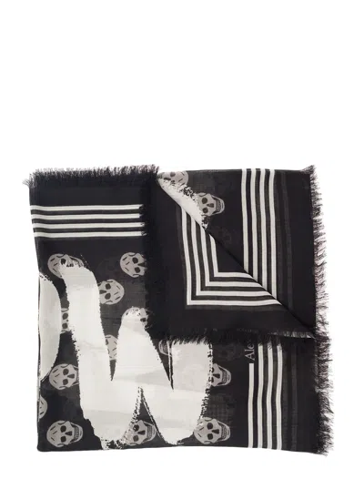 ALEXANDER MCQUEEN BLACK SCARF WITH ALL-OVER SKULL PRINT AND GRAFFITI LOGO IN MODAL MAN