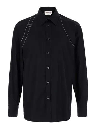 Alexander Mcqueen Black Shirt With White Stitchings In Cotton Man