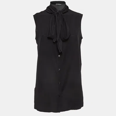 Pre-owned Alexander Mcqueen Black Silk Buttoned Neck Tie Sleeveless Blouse M