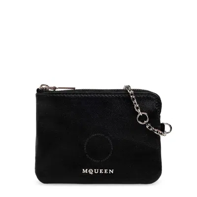 Alexander Mcqueen Black / Silver Ladies Leather Sling Card Holder In Silver Tone/black