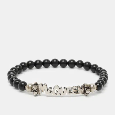 Pre-owned Alexander Mcqueen Black Silver Tone Logo Beaded Bracelet