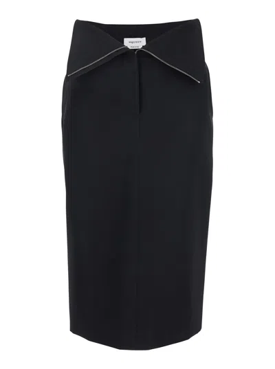 Alexander Mcqueen Black Skirt With Foldover Waist And Rear Single Slit In Wool Woman In Multicolor