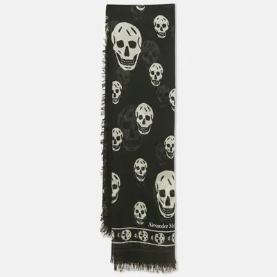 Pre-owned Alexander Mcqueen Black Skull Printed Modal & Silk Scarf