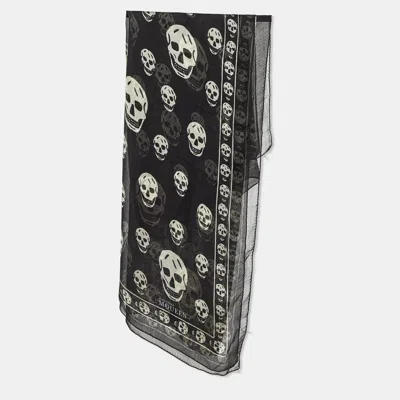 Pre-owned Alexander Mcqueen Black Skull Printed Modal & Silk Scarf