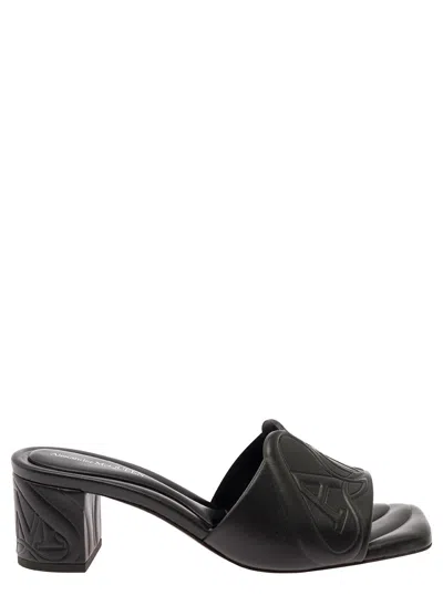 Alexander Mcqueen Black Slip-on Sandals With Embossed Logo In Padded Leather Woman In Multicolor
