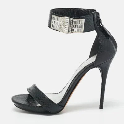 Pre-owned Alexander Mcqueen Black Snakeskin Leather Crystal Embellished Ankle Cuff Sandals Size 36