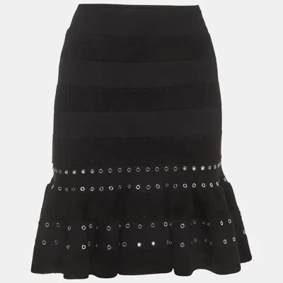Pre-owned Alexander Mcqueen Black Stretch Knit Eyelet Detail Ruffled Mini Skirt S