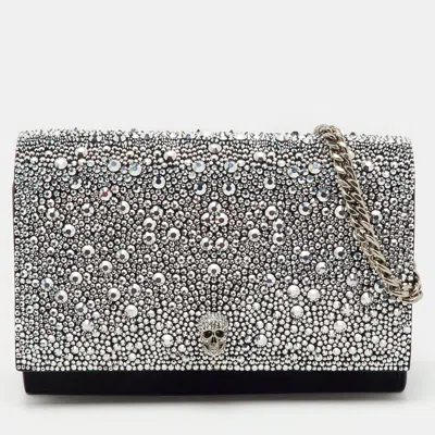 Pre-owned Alexander Mcqueen Black Suede Crystal Embellished Skull Flap Chain Clutch