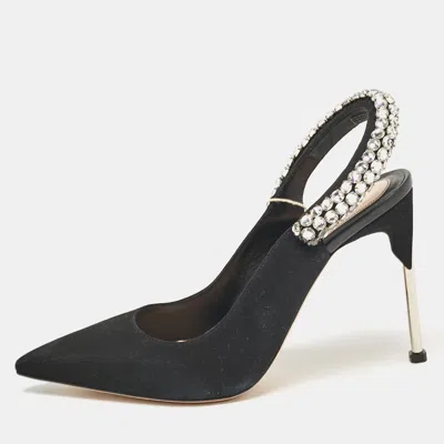 Pre-owned Alexander Mcqueen Black Suede Crystal Embellished Slingback Pumps Size 39