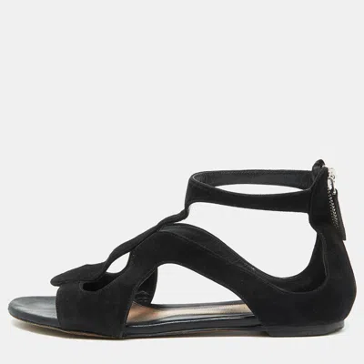 Pre-owned Alexander Mcqueen Black Suede Flat Sandals Size 38