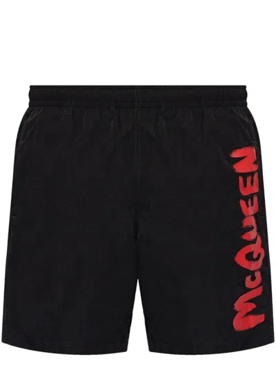 ALEXANDER MCQUEEN BLACK SWIMSUIT WITH CONTRAST SIDE PRINTED LOGO