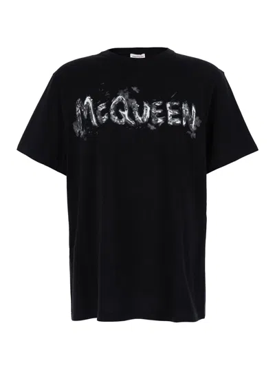 Alexander Mcqueen Black T-shirt With Graffiti Logo Print In Cotton Man