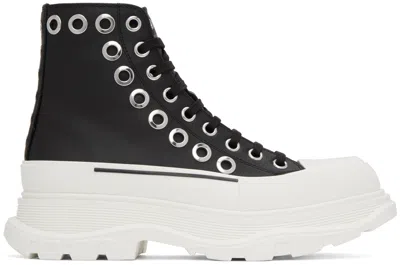 Alexander Mcqueen Tread Slick Leather Platform Sneakers In Black White Silver