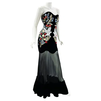 Pre-owned Alexander Mcqueen Black Velvet Chiffon Medieval Embroidery Corset Dress Gown 42