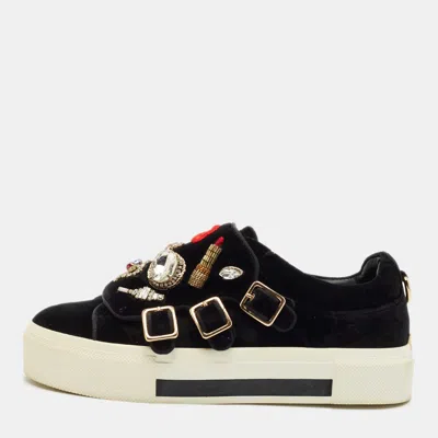 Pre-owned Alexander Mcqueen Black Velvet Crystal Embellished Buckle Sneakers Size 39
