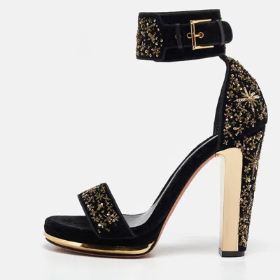 Pre-owned Alexander Mcqueen Black Velvet Embellished Ankle Strap Sandals Size 39
