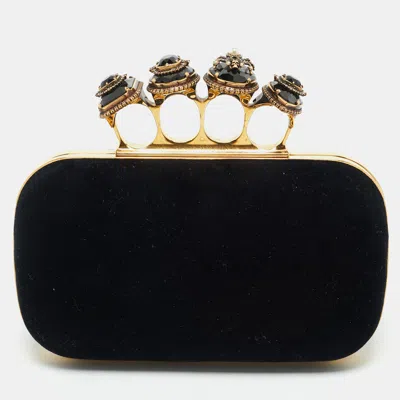 Pre-owned Alexander Mcqueen Black Velvet Four Ring Embellished Box Clutch