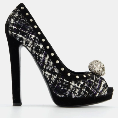 Pre-owned Alexander Mcqueen Black White Tweed High Heel With Skull Silver Detail Size Eu 38