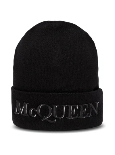 Alexander Mcqueen Black Wool And Cashmere Hat With Logo