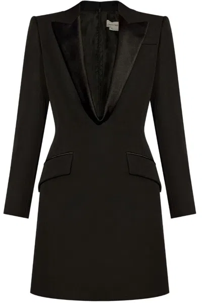 Alexander Mcqueen Black Wool Dress In Green