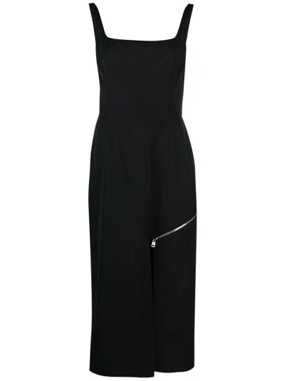 Alexander Mcqueen Black Zip-embellished Wool Midi Dress For Women