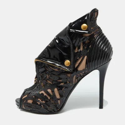 Pre-owned Alexander Mcqueen Black/beige Patent Leather And Mesh Faithful Ankle Booties Size 38.5