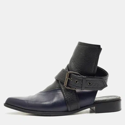 Pre-owned Alexander Mcqueen Black/blue Leather Grace Ankle Length Boots Size 38