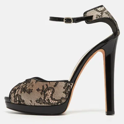 Pre-owned Alexander Mcqueen Black/blush Pink Lace And Satin Ankle Strap Platform Sandals Size 40