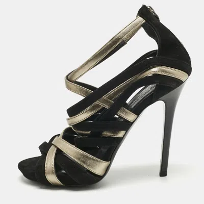 Pre-owned Alexander Mcqueen Black/gold Leather And Suede Ankle Strap Sandals Size 37.5