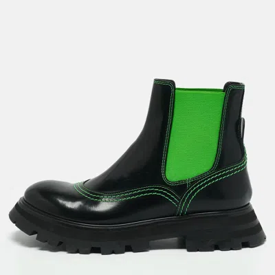 Pre-owned Alexander Mcqueen Black/green Leather Wander Chelsea Ankle Length Boots Size 38